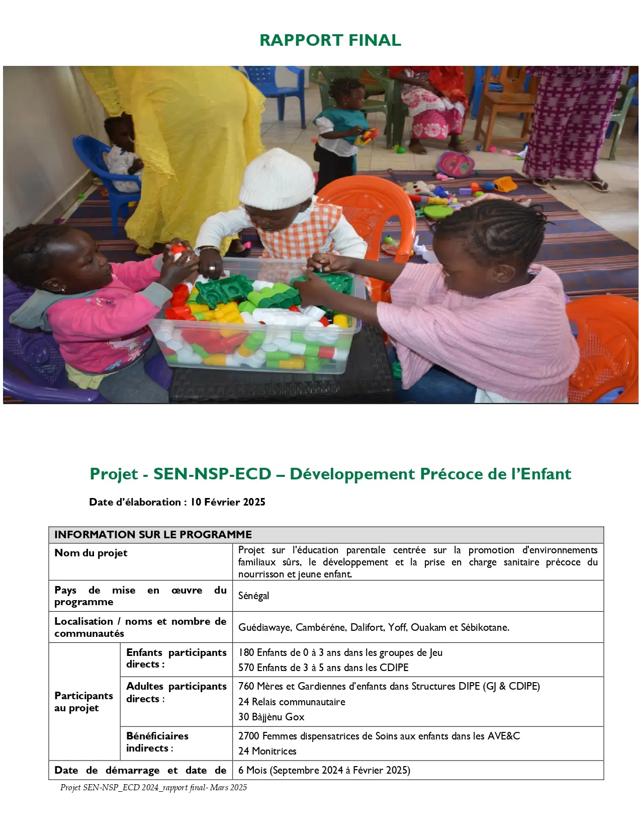 Rapport final d’Impact du Projet Développement Précoce de l’Enfant