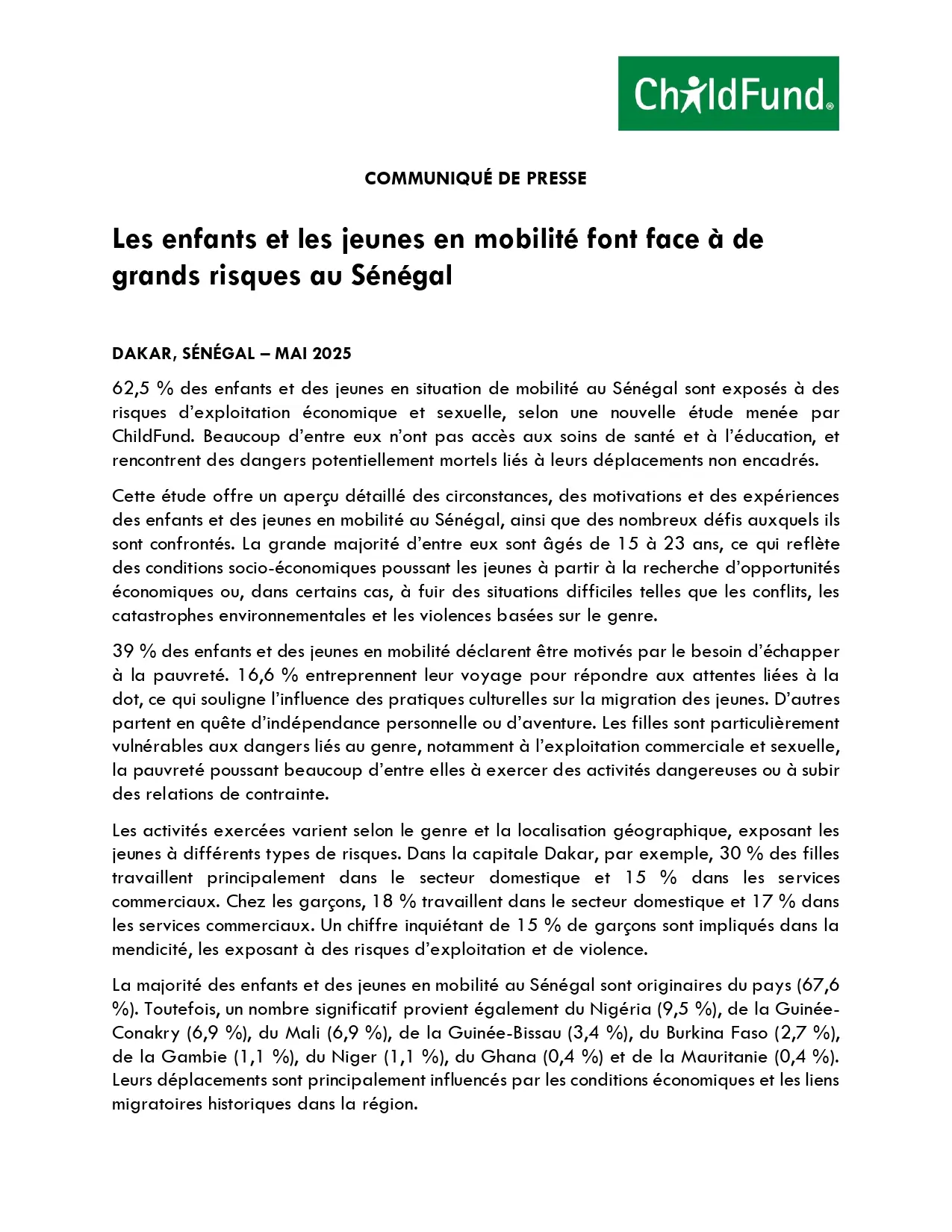 Communiqué de presse : Les enfants et les jeunes en mobilité font face à de grands risques au Sénégal