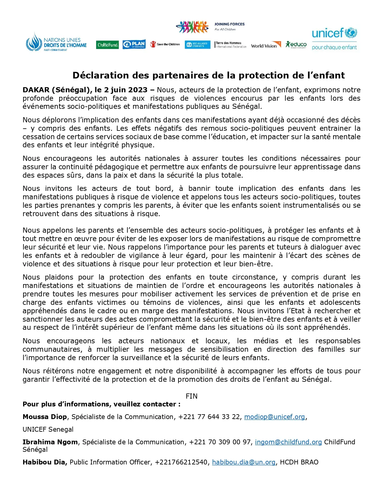 Déclaration des partenaires de la protection de l’enfant