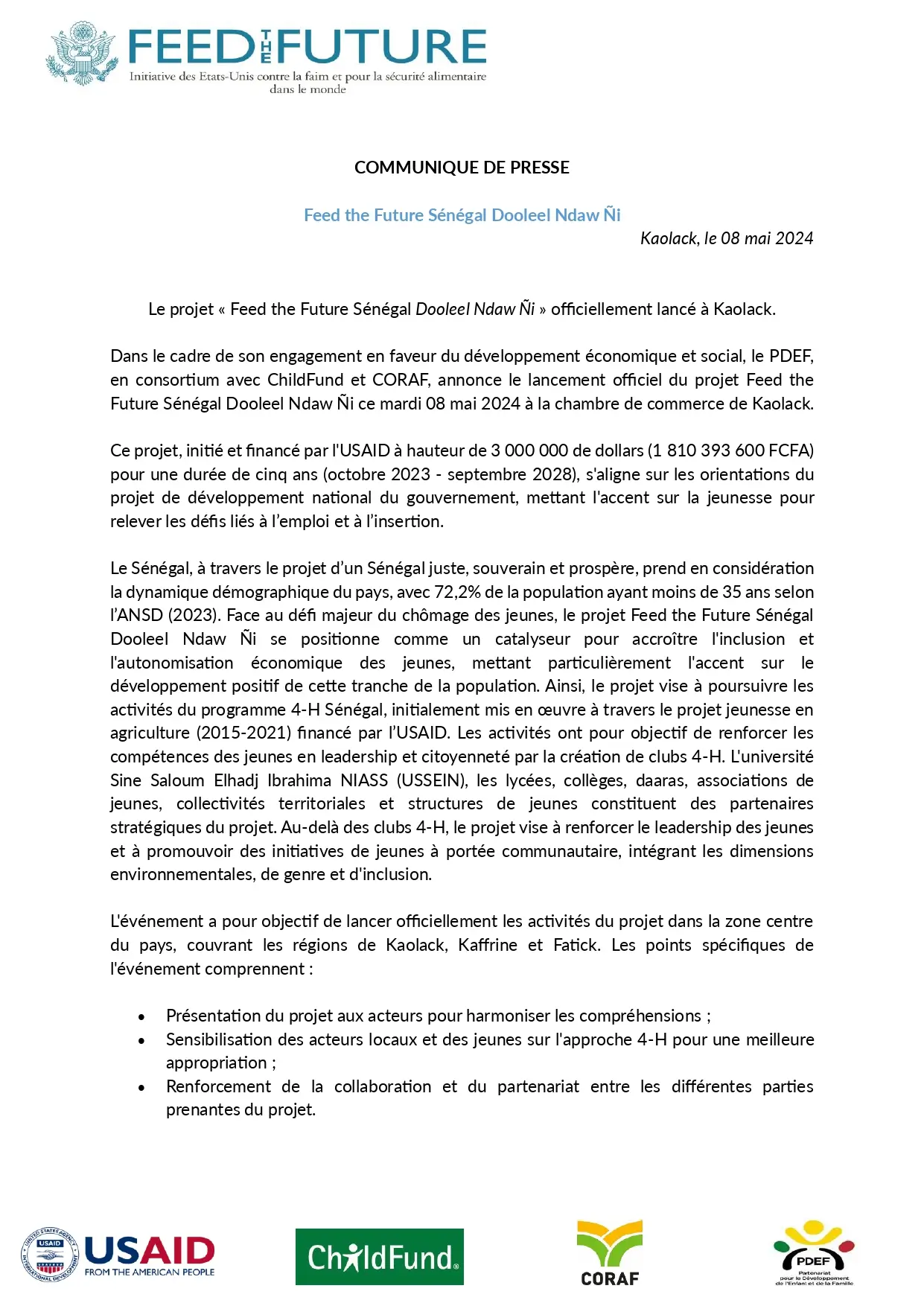Communiqué de presse : Le projet « Feed the Future Sénégal Dooleel Ndaw Ñi